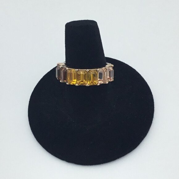 10K Gold Plate 7 Stone Emerald Cut Fashion Eternity Ring Sz 7.25 Amber Shades - Picture 1 of 7